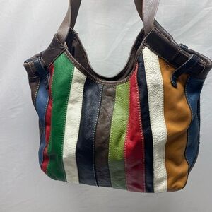 Lucky Brand Vintage Inspired Bag Multi Colored Patchwork Leather Stripes Hobo